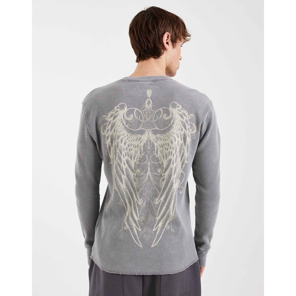 Hollister Rose Angel Wings Graphic Thermal Shirt Gray Waffle Y2K NWT